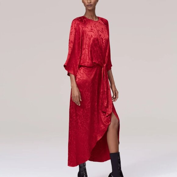 🔥 ZARA Red Jacquard Draped Midi Dress 🔥 - Picture 2 of 11